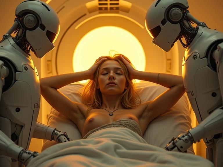 high-tech recovery chamber illuminated by warm golden backlight. young tribal pilot-girl lies asleep on an illuminated med-bed. two advanced androids analyze her skin wounds using multi-limbed medical arms. soft fog from cooling vents.