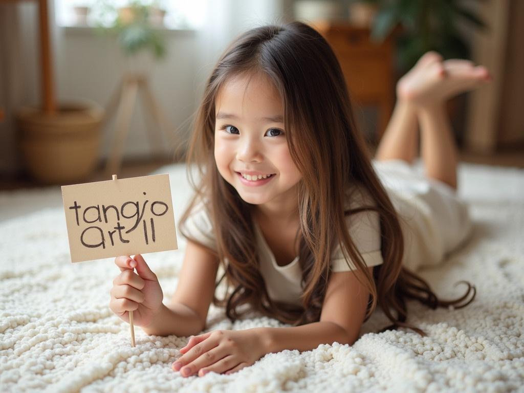 The girl in the image is lying on a white textured blanket. She has long, flowing hair that complements the relaxed vibe of her surroundings. In her right hand, she is holding a small handwritten sign that reads 'tangoart11'. The setting appears to be a cozy room with wooden elements and a bright, airy atmosphere visible in the background. The overall image gives a sense of calm and comfort, inviting viewers to enjoy the moment.