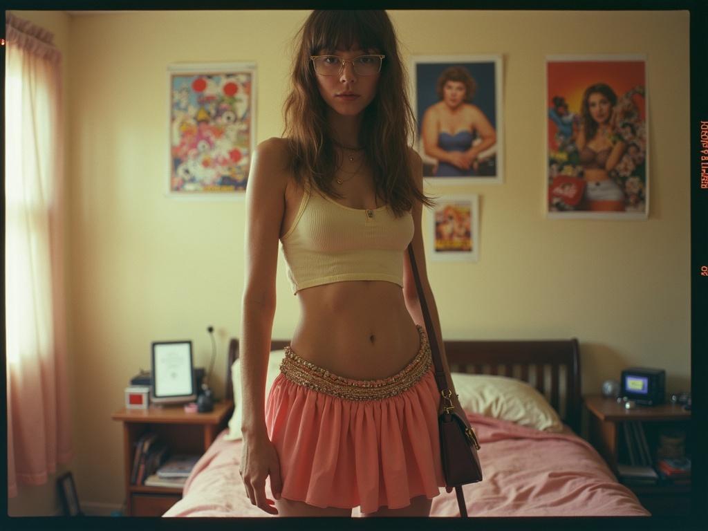 Polaroid snapshot of a woman in a Y2K bedroom. Posters on the wall. Hanging out trying on outfits. Wears a crop top and micro skirt. Low-res cellphone photo. Natural lighting gives a warm atmosphere. Pixelated with slight compression artifacts.