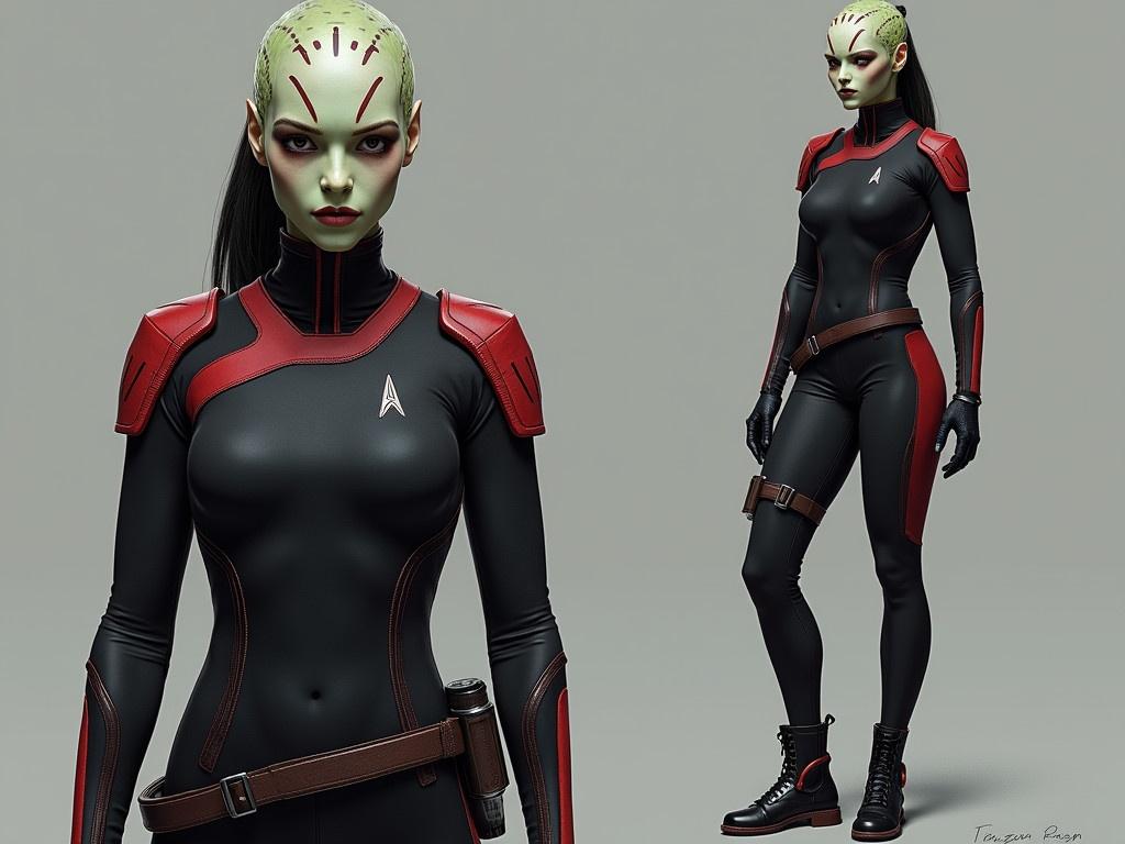 The character in the image is a Trill with a spotted face pattern, showcasing her alien heritage. Her uniform is made of a tough synthetic fabric that resembles a well-structured military outfit, rather than a tight bodysuit. The reworked body proportions present a more realistic and athletic build, reflecting her strength and agility. The dark uniform features bold accents of red and a unique emblem on her shoulder, marking her allegiance. A utility belt holds a sheathed weapon, emphasizing her role in a potentially dangerous environment. The overall look of the character now presents a balance of style and functionality, suitable for her character background.