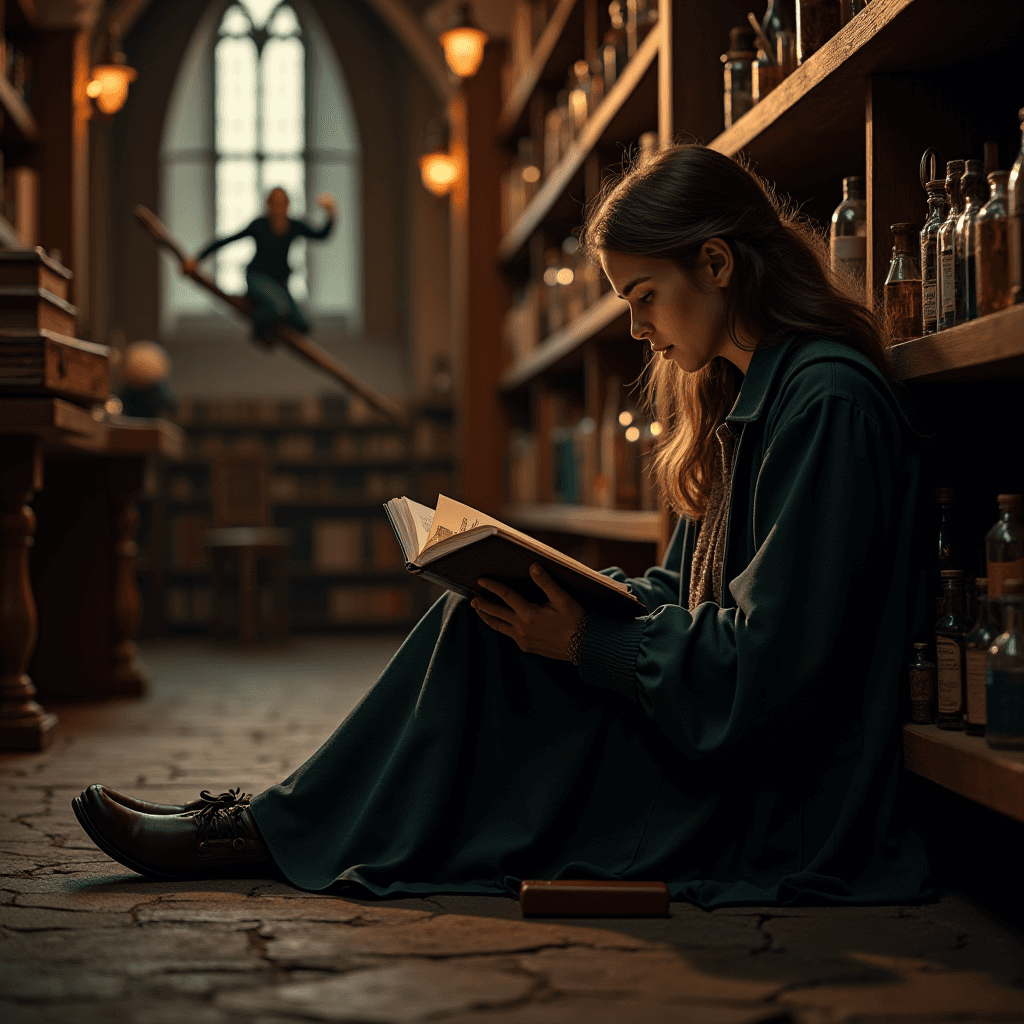 A woman in historical attire reads a book in an enchanted library while a shadowy figure rides a broomstick in the background.