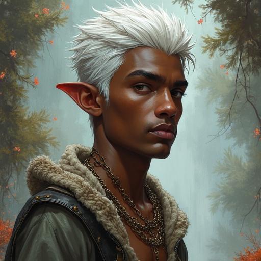 Illustrated drawing of a young black man with silver hair and beast horns in a fantasy world.