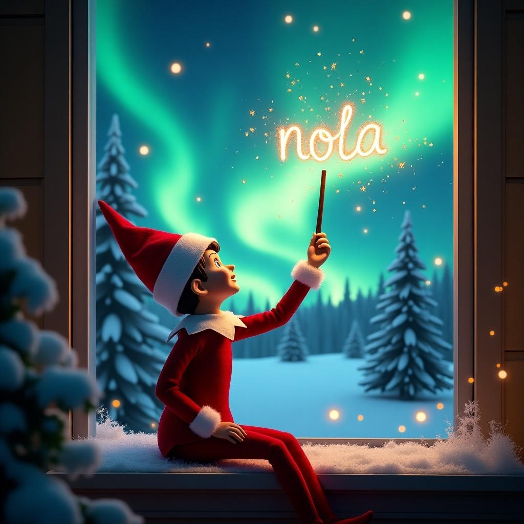 The image features an enchanting scene with an elf on the shelf sitting on a windowsill. The elf is turned away from the viewer, looking up at a stunning display of northern lights. In his hand, he holds a wand from which magical sparks emanate, as he writes the word 'nola'. The background is filled with snow-covered pine trees, contributing to the festive atmosphere. His bright red outfit with fluffy white trim perfectly captures the essence of Christmas.