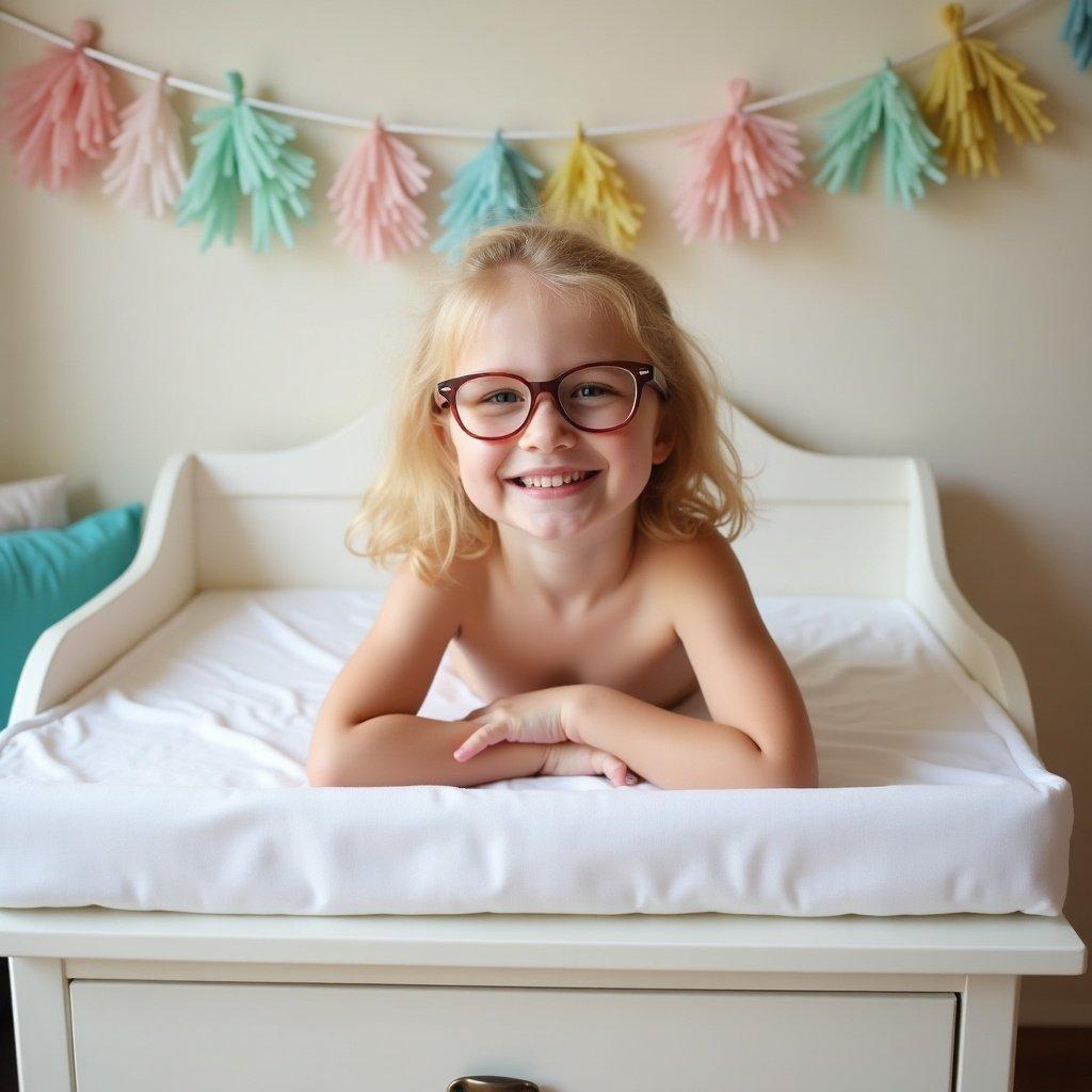 A young child with blonde hair and glasses sitting on a bed. The child appears to be waiting, with a neutral expression. The background features decorative pastel-colored elements.