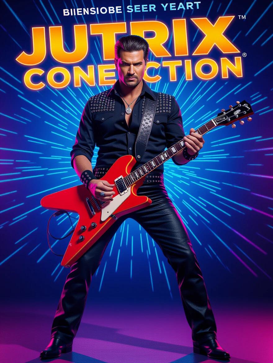 80s action movie poster featuring a rock musician in jeans with long slicked back hair wearing a black shirt and rivets holding a red electric guitar. Full body shot with vivid colors and 3D effects.