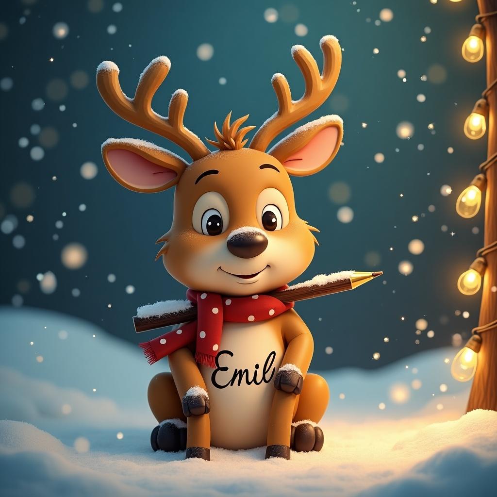 A cute reindeer character sits on snow. The reindeer has antlers and is smiling. A red scarf is around the neck. The reindeer holds a pen. The name Emily is written on the belly. Snowflakes fall in the background.