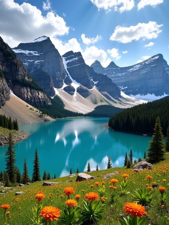 Breathtaking alpine landscape with a turquoise lake and wildflowers. A vibrant meadow features orange Indian paintbrush and yellow daisies. The lake reflects surrounding mountains with snow on peaks. Evergreen trees frame the lake. Blue sky with white clouds completes the scene.