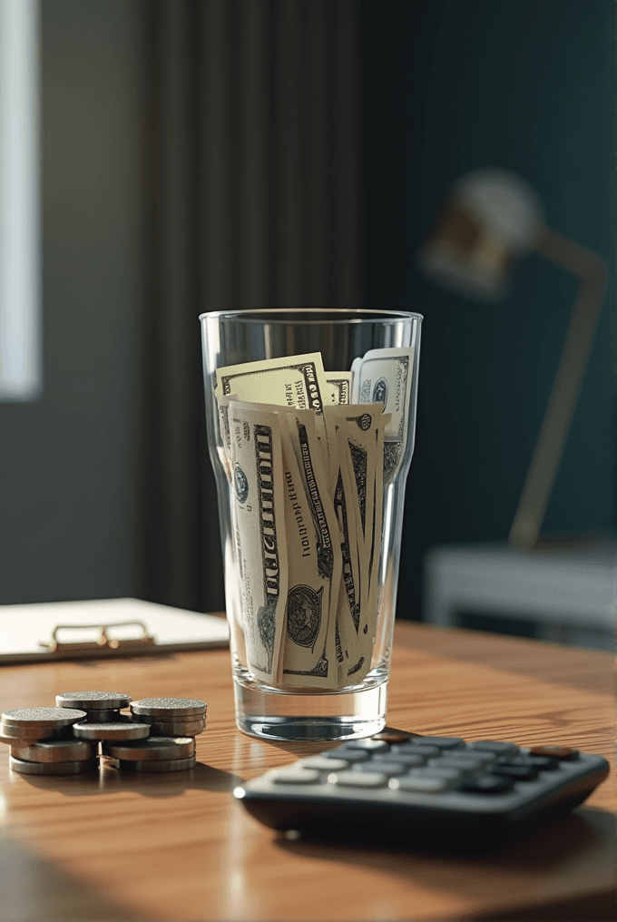 A glass filled with banknotes is placed on a wooden table alongside a stacked pile of coins, a clipboard, and a calculator, creating a scene of financial management in a room with soft lighting.