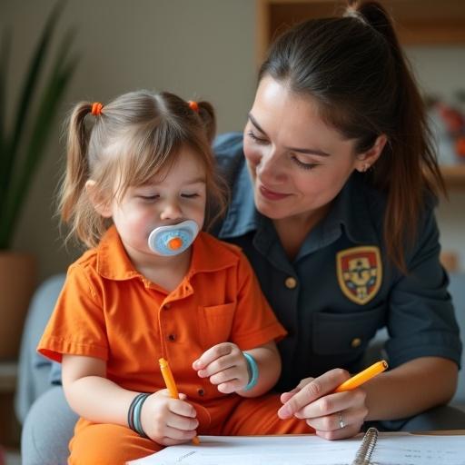 Young girl doing homework at home. Wearing an orange jumpsuit and pacifier. Mother assists with playful expression. Mother in a guard uniform holds a toy baton.