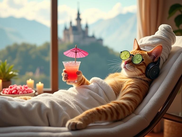A sophisticated cat relaxes in a lounge chair at a spa. The cat has a towel turban, headphones, and cucumber slices on its eyes. It holds a drink with an umbrella. The spa is luxurious with scented candles and rose petals. A window reveals a castle on a mountain.