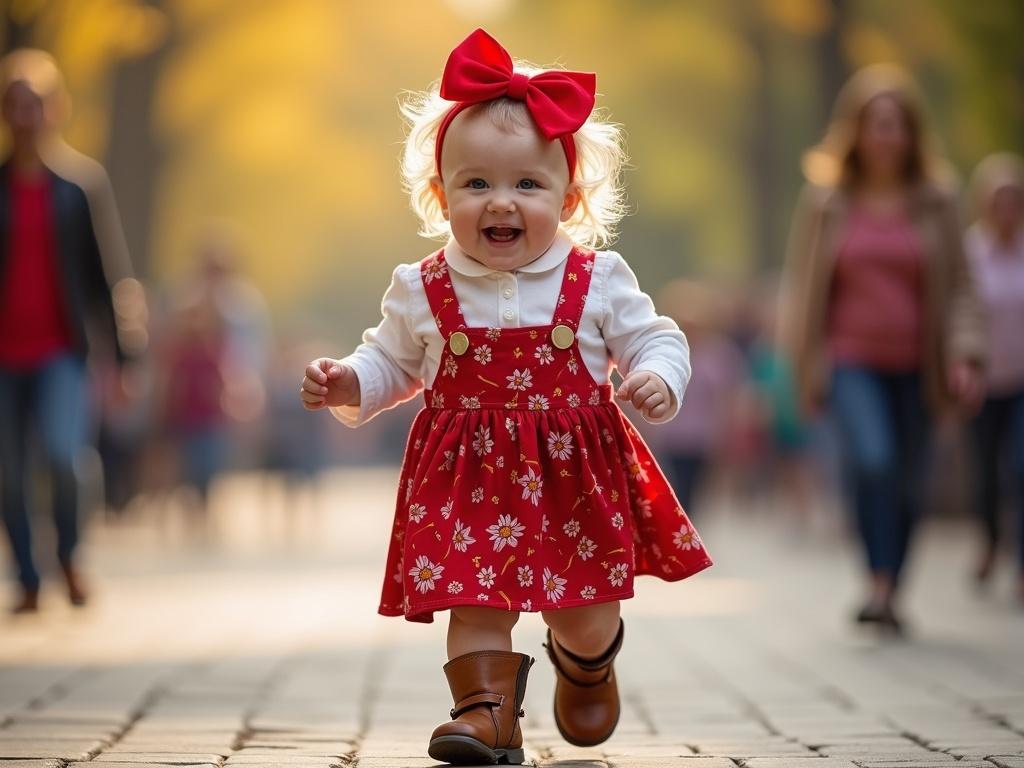 Chubby baby girl joyfully walking outdoors during a fashion show. Red floral dress with suspenders and brown boots. Large red bow in hair. Big smile showing baby teeth. Softly blurred background with colorful people and trees.