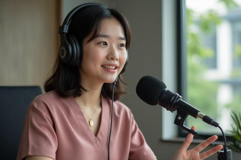 A young Chinese female podcast host discussing a themed talk show using a modern microphone. The host wears a stylish pink dress. Natural background features greenery and an urban setting. The discussion focuses on Qi, confidence loss, Socratic wisdom, social stagnation, prophecy warning, and symbols of hope. Host is in an environment illustrating the concept of ghost towns in China due to economic factors.