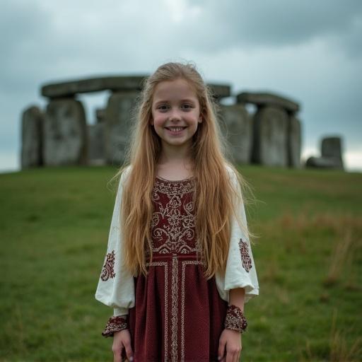 A twelve-year-old girl poses with a smile in traditional Celtic dress. Long blond hair cascades down her shoulders. She stands before the iconic Stonehenge structure, surrounded by green grass under a stormy sky.