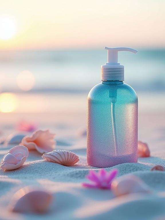 Product advertisement photography in a minimalist and dreamy style. A single robust cylindrical bottle with glitter sits on fine white sand. Background shows a beach at sunrise with strong bokeh in pastel tones. Iridescent seashells and flower petals scattered around. Soft morning light highlights the bottle's glitter.