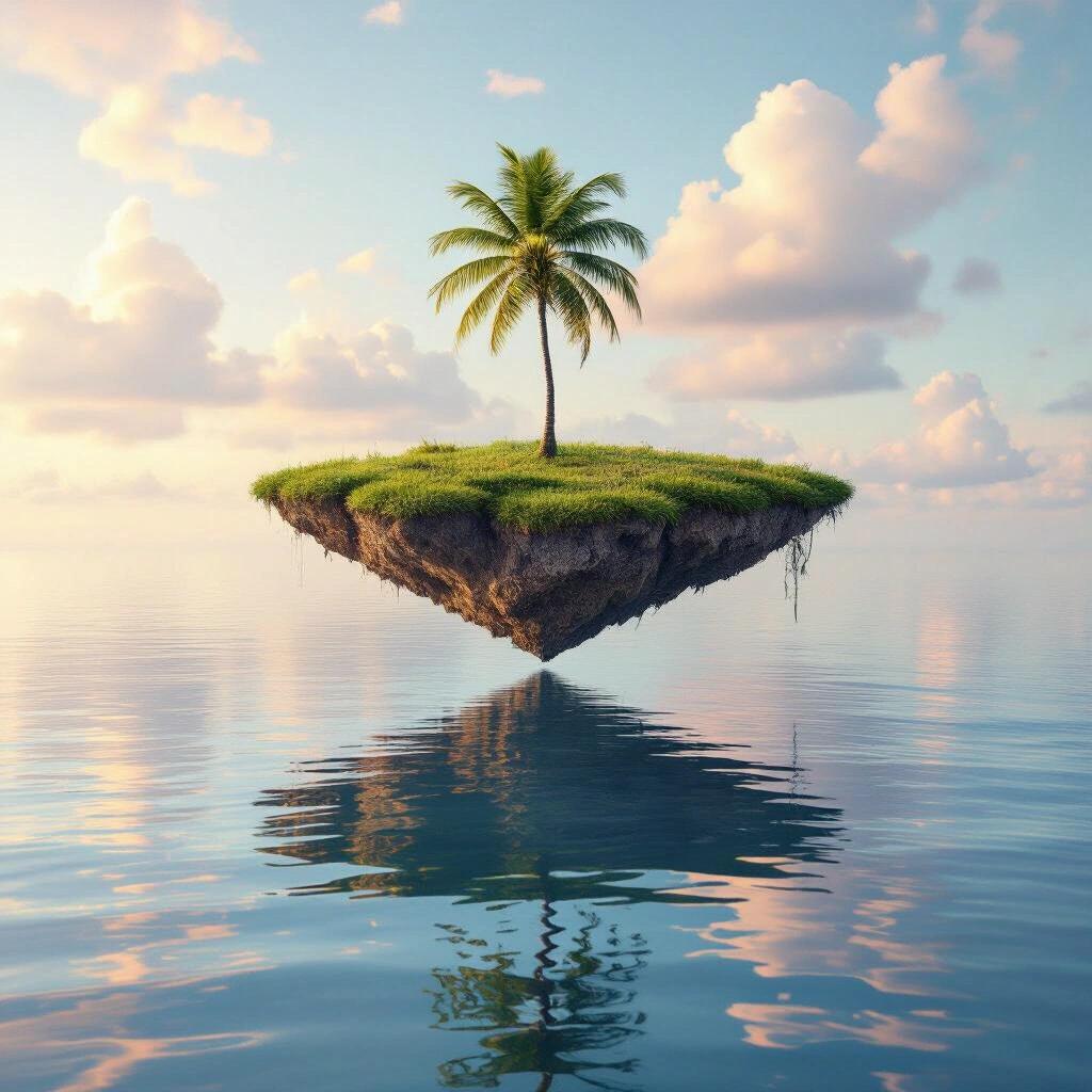 Surreal floating island features a solitary palm tree. Island stands above a smooth ocean surface. Lighting is soft with dreamlike clouds in the pastel sky.