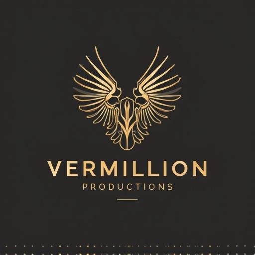 Luxury logo design for Vermillion Productions. Features golden eagle wings and ornate central emblem on black background.