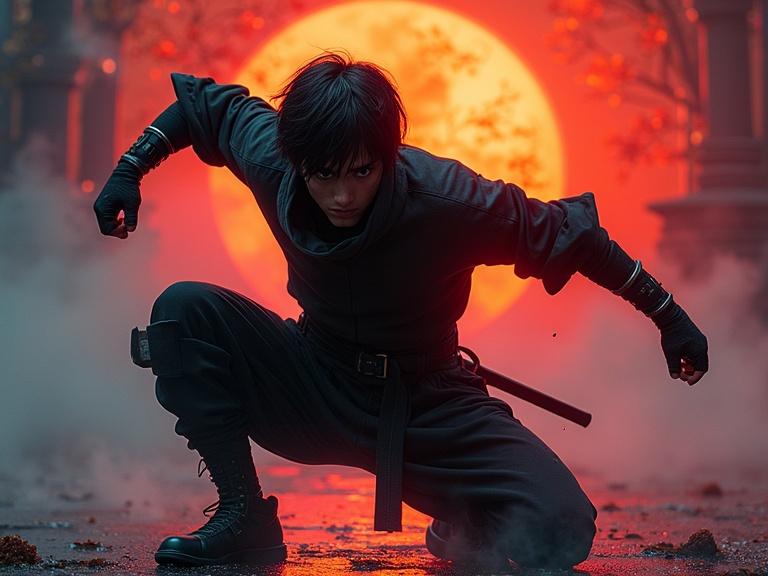 Full-body view of a ninja in action pose. Wearing black attire with hot pants. Ninja has short black hair. Dramatic background with a large red sun and cinematic lighting.