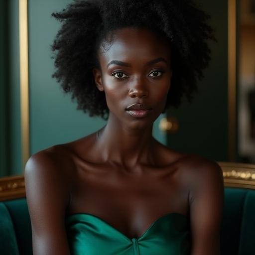 Portray a Black woman with extreme beauty. Focus on her flawless skin and sharp features. Capture her in a luxury setting, showcasing her regal posture and striking attire. Emphasize her captivating ice blue eyes and sculpted hair. Use strong lighting to create contrasts and highlights.