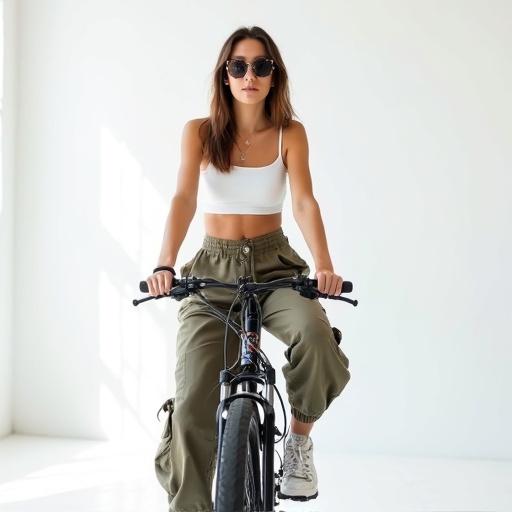 Woman poses on a bike in a bright white studio. She wears a stylish white crop top and baggy cargo pants while sporting trendy sunglasses. The focus is on her relaxed yet fashionable look.