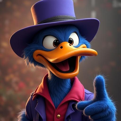 A cartoon character resembling a duck. Bright blue feathers with a purple top hat. Expression is cheerful and mischievous. Wears a red and purple coat. Character is making a playful gesture with one hand.