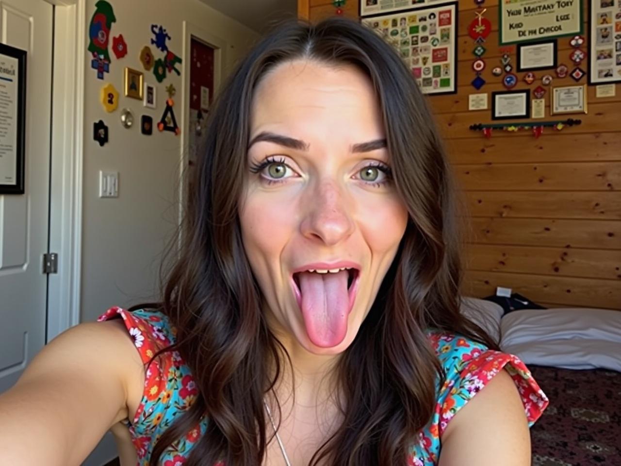 A person is posing for a selfie in a room filled with colorful decorations. They have long, dark hair that falls softly around their shoulders. The outfit they are wearing is floral and vibrant, adding a playful touch to the image. They are sticking out their tongue for the picture, giving a fun and quirky expression. The background shows a wooden wall with some certificates and small decorations, creating a cozy atmosphere.