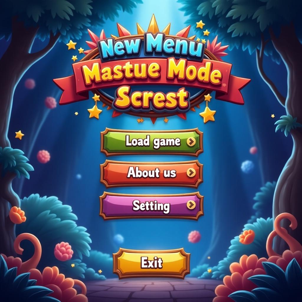 New game interface illustration. Menu items include load game, about us, setting, and exit. Designed with a fantastic theme in a vibrant, colorful style. Features lush, magical forest background with glowing elements.