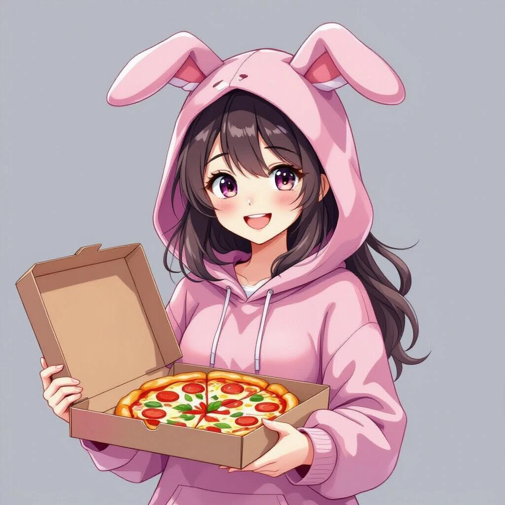 Animated style image of a character wearing a pink bunny hoodie. The character is smiling and holding an open pizza box with several slices. Background is pure gray, highlighting the character's vibrant colors and cheerful atmosphere. Overall style is light-hearted and playful, full of fun and joy.