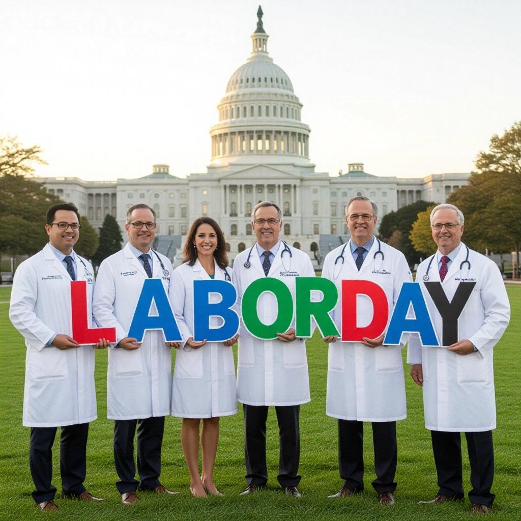 Doctors celebrate Labor Day in front of the U.S. Capitol building. They hold colorful letters forming the word 'Labor Day'.