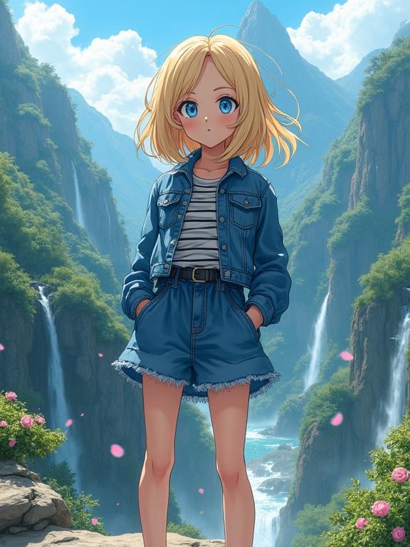 Anime-style portrait of a character standing on a rocky cliff in a mountain range. Character has blue eyes and blonde hair. Hair moves with the breeze. Wears a blue denim jacket and denim skirt. Landscape features waterfalls and lush greenery. Flower petals float in the air. Scene is bright with sunlight casting shadows. Rocks and foliage are detailed. Ultra high-resolution illustration with a dramatic backdrop.