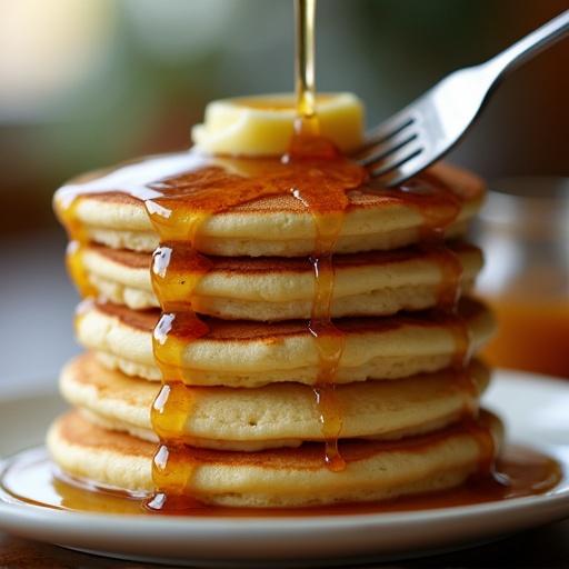A tall stack of fluffy pancakes with golden brown color. Maple syrup dripping down the sides. A piece of butter melting on top. A fork cuts into the side. Soft-focus farmhouse kitchen background. Warm and inviting atmosphere.