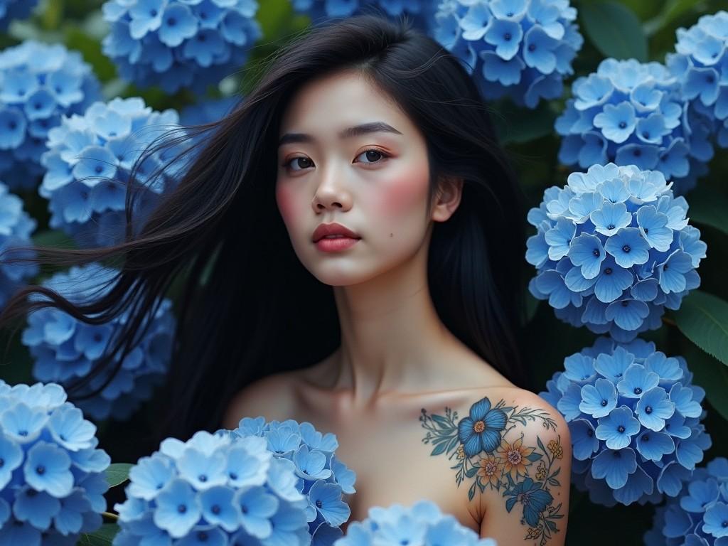 A person surrounded by vibrant blue hydrangeas, featuring a tattoo with floral designs, exuding a serene expression.