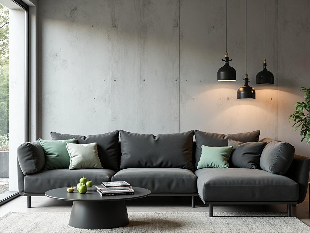 This image depicts a modern living room with a contemporary design. There is a large, dark grey sofa adorned with a few cushions in lighter shades, including a soft green one. In front of the sofa, there's a round black coffee table featuring a stack of magazines and a couple of green apples. The walls are made of a light grey concrete material, providing a minimalist feel to the space. Two industrial-style pendant lights hang from the ceiling, adding a stylish touch. The room has large windows allowing natural light to fill the space, enhancing the overall ambiance.