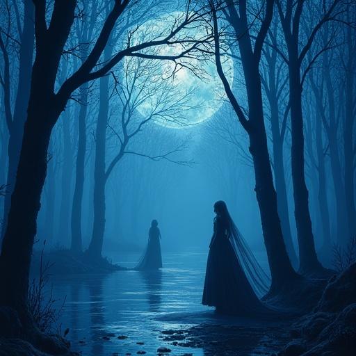 Create an ethereal scene with tall trees and a placid body of water under moonlight. Include figures in flowing garments with different poses. Aim for a dreamlike atmosphere with a blue color scheme.