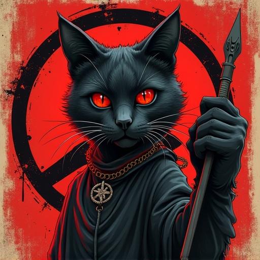 An anthropomorphic black cat dressed in dark attire holding a spear. Background with a red circular emblem. Character exudes a sense of authority and rebellion.