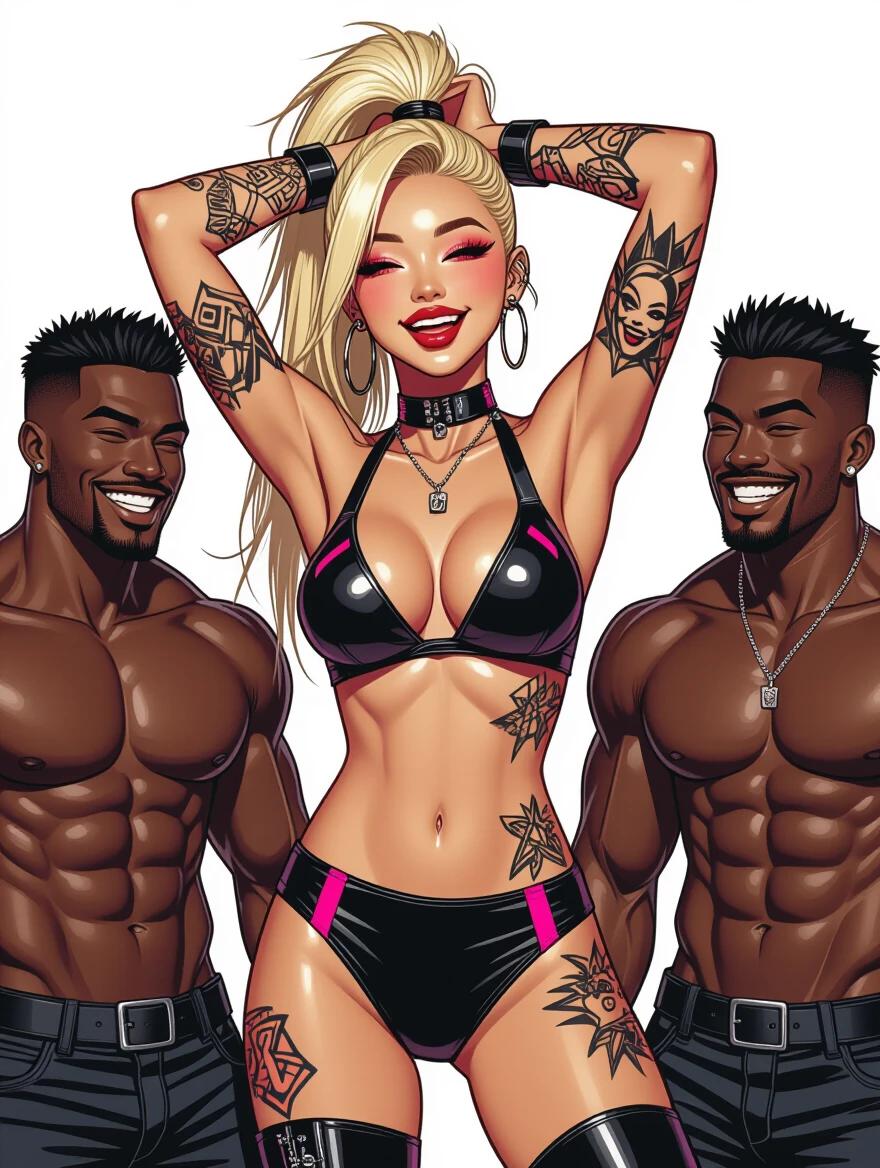 A glamorous cyberpunk model stands with hands above her head. Her blonde high ponytail shows off bold makeup and tattoos. She wears an edgy bright bikini and high boots. Three muscular black men are beside her. They smile slyly and look at her. The artwork uses a black and white comic style. The model is blushing and laughing while bending to the side.