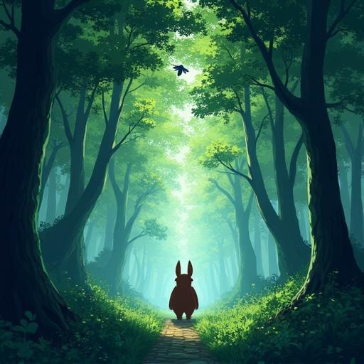 Wallpaper style image for a medium sized phone featuring a mystical forest with sunlight filtering through the trees. A pathway leads into a lush green scenery, inspired by Studio Ghibli's aesthetic. No animals or people present.