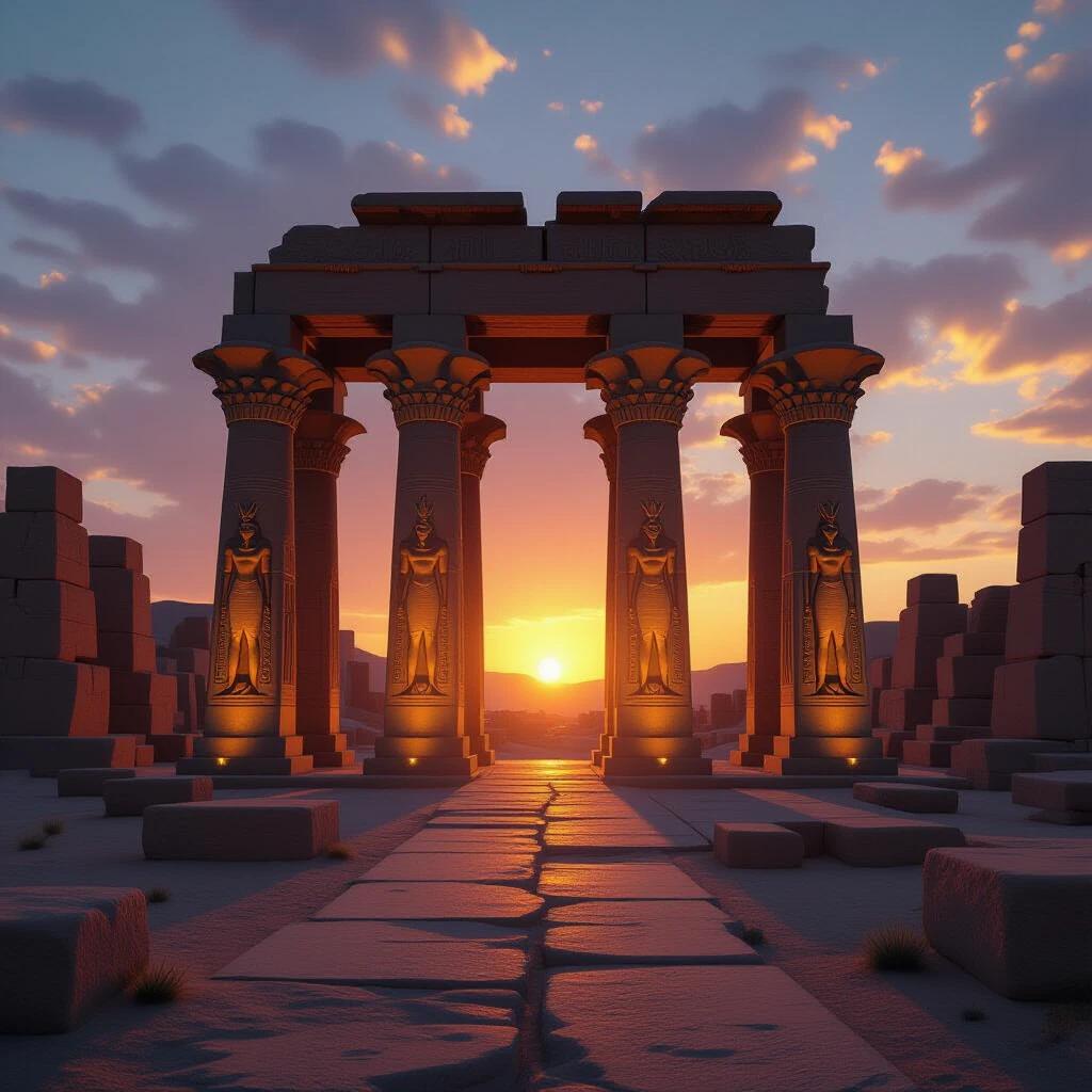 Ancient Egyptian temple ruins illuminated by the warm glow of sunset. Focus on the grand columns with statues. Capture a hyper-realistic scene in high resolution.