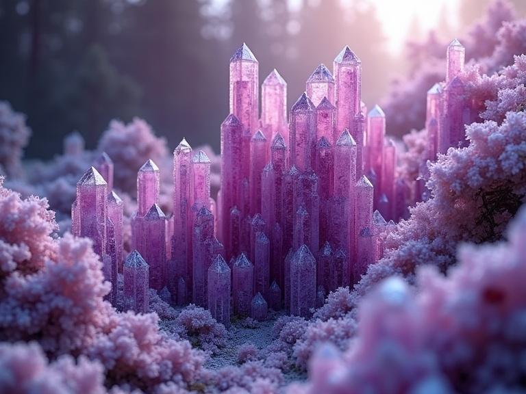 Fractal inspired architecture composed of amethyst crystals with clustered formations and soft lighting.