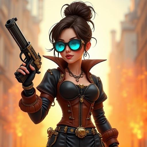 Young woman in steampunk style with doll-like anime features. Brunette hair styled in a high bun with face-framing strands. Wears blue-tinted steampunk goggles on forehead. Fitted black leather jacket, tight black pants, brown leather corset or belt with pockets and metal details. Knee pads. Holding a complex ornate steampunk pistol. Background filled with orange and white smoke. Smooth detailed 3D illustration style.