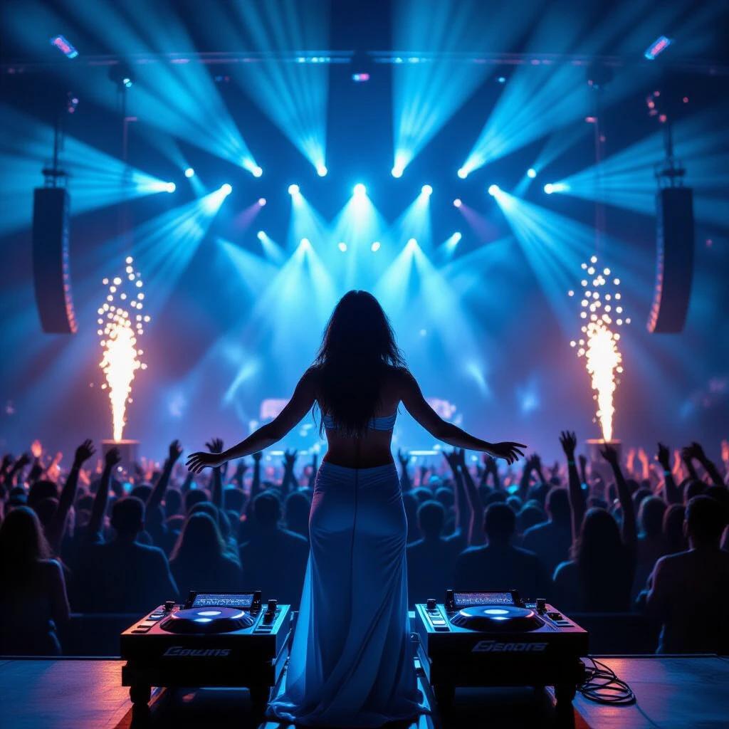Complete view of a DJ in a blue and turquoise bathing suit standing in front of a turntable on the main stage of Tomorrowland. An energized crowd dancing under blue laser lights at night with giant LED screens and fireworks. Cinematic realistic style focusing on metallic equipment textures and water reflections in the outfit. Neon turquoise lighting casting dynamic shadows with stage-level perspective.