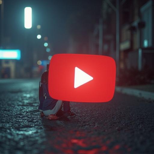 Image depicts a child sitting on the ground at night with a large YouTube logo overlay. The background features neon lights and urban setting. Emphasis on video content concept.