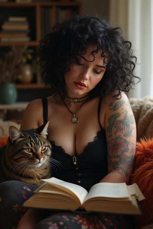 A stylish woman with curly hair reading a book in a cozy setting. A cat sits beside her. Soft, natural light fills the room.