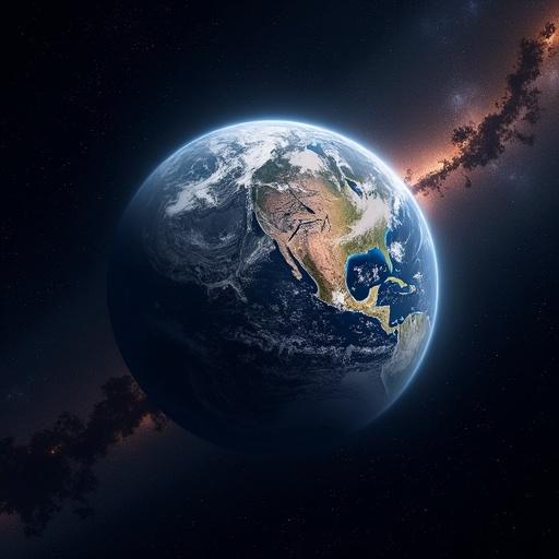 Realistic representation of Earth seen from space. A detailed view showing continents, oceans, and atmospheric features.