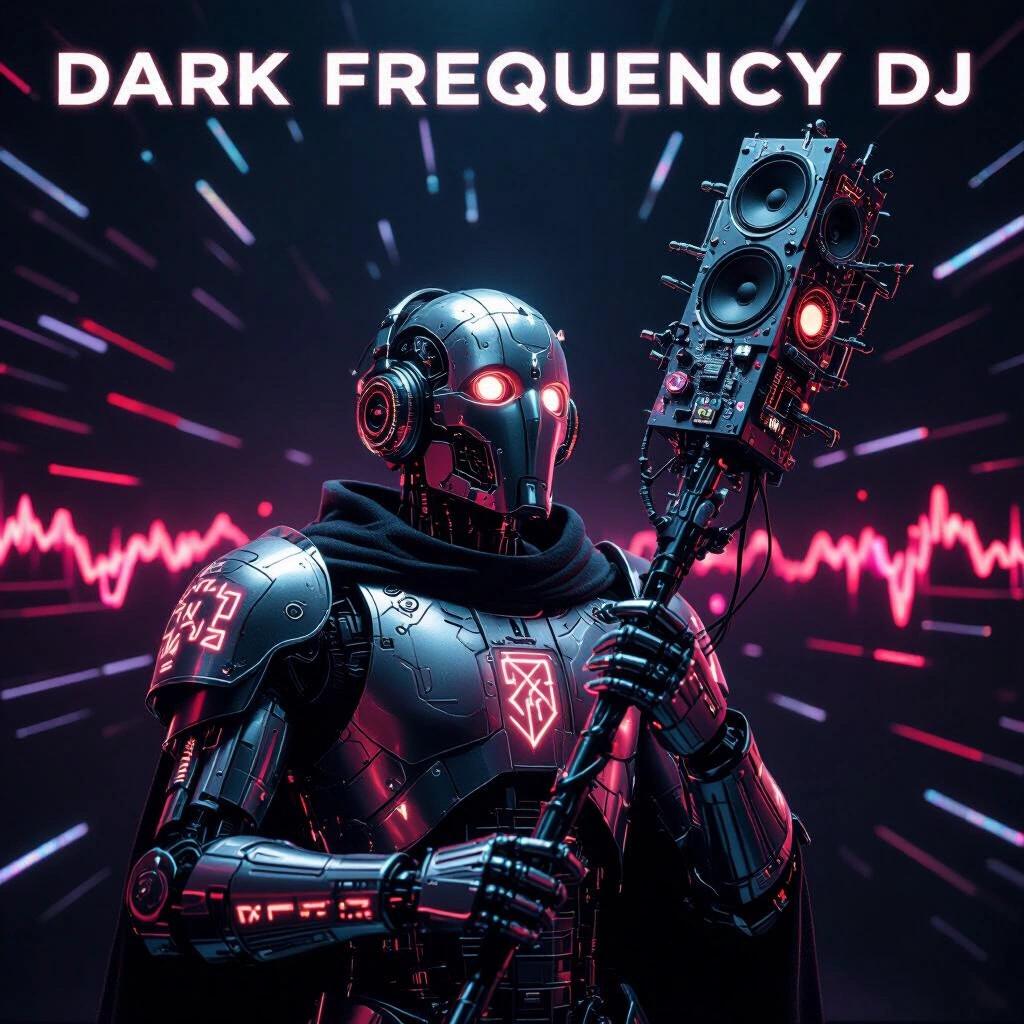 A robotic DJ performs with a staff made of speakers. The figure has glowing runes on its metallic armor. The background features pulsing red and violet lights in a dark void. The DJ is posed to listen intently, indicating a connection to the rhythm of the music.