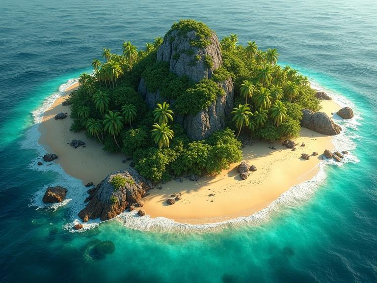 Aerial view of a tropical island divided into golden sandy beach jungle and rocky terrain. Surrounding calm turquoise ocean with sunlight casting warm highlights and shadows. Detailed landscape with a boardgame-inspired look.