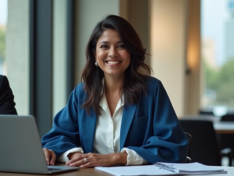 Mexican woman in corporate setting. Dark brown hair with bangs framing face. Wearing a white blouse and navy vest with label MABEL. Sitting comfortably at a conference table with a laptop and documents. Soft warm light from large windows in the background. Urban view outside.