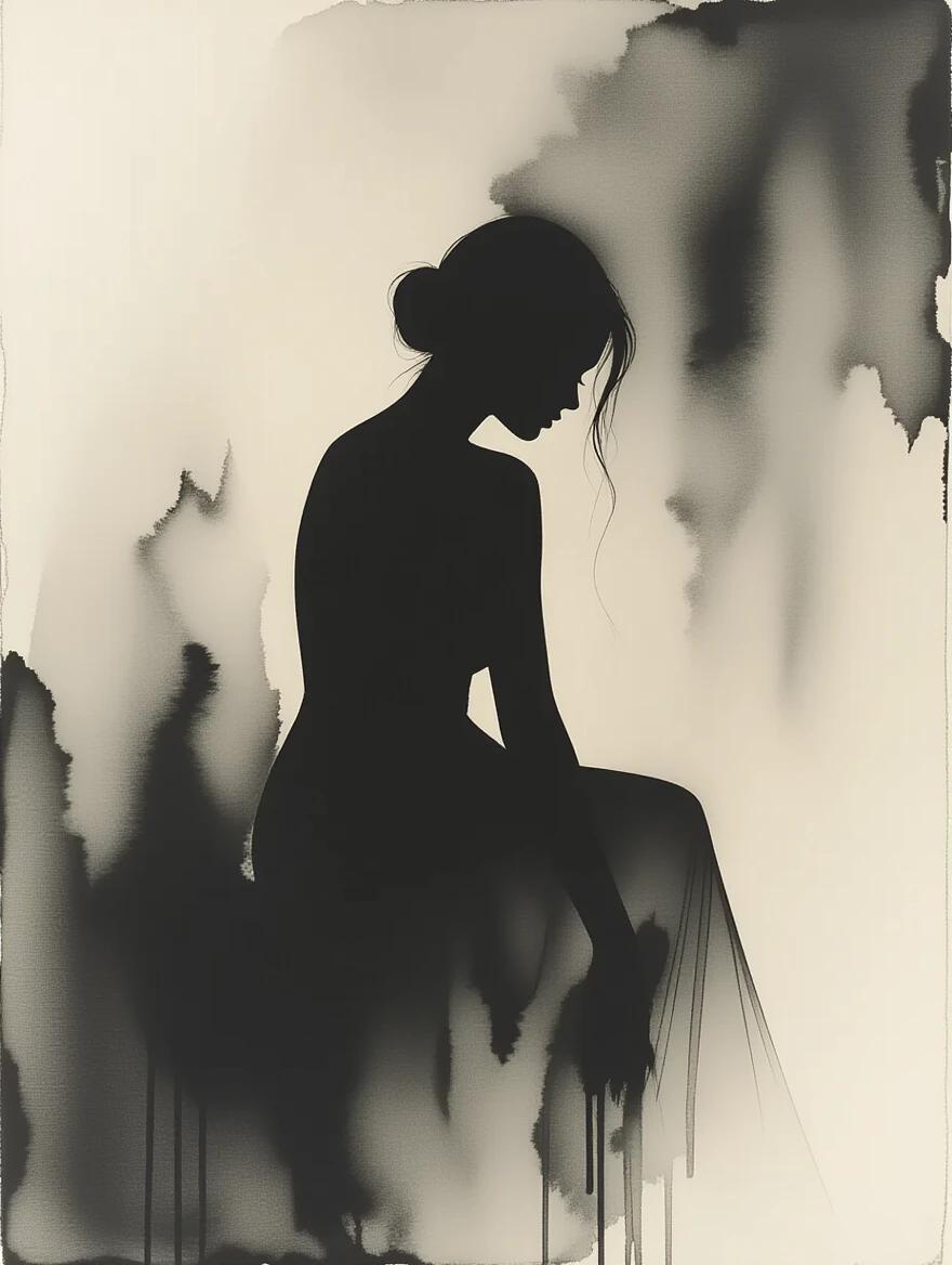 Artistic representation of shyness. Minimalist black and white silhouette of a woman. Conceptual and elegant. Created by Anna Silivonchik and Paolo Roversi. Shadowy and hazy effect. Ink wash technique on weathered parchment. Hints of gold and distressed texture enhance the image.
