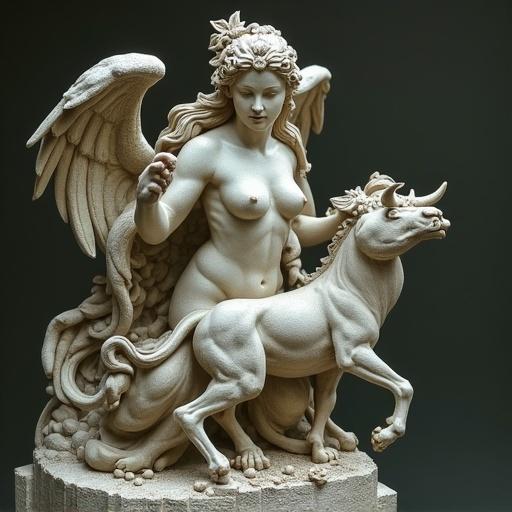 Highly detailed statue of a winged figure with human features and a horse underneath, representing mythological themes.