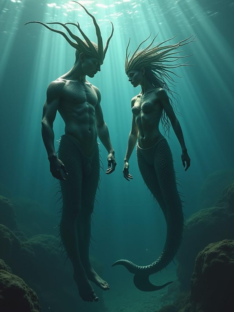 Two mermen swim in an underwater scene. One merman has features of the abyss; the other has features of clear water. Display their powerful physique and long flowing hair. Show ethereal underwater light shining through the water.