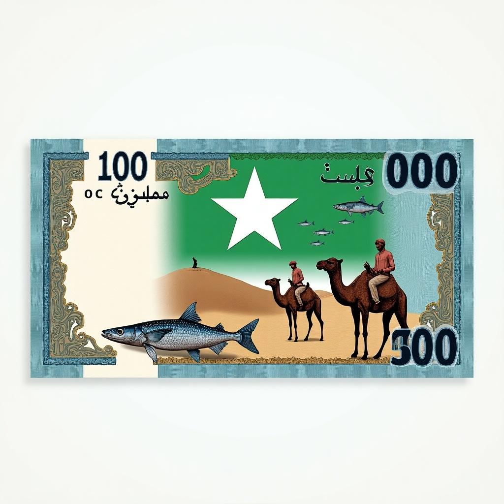 Design a banknote illustrating Puntland's natural resources and culture. Showcase the Somalia flag with a white star. Illustrate marine life and camels in a desert setting. Include traditional Somali swords in the design. Incorporate gold elements symbolizing wealth from resources. Use a color palette of blue white sandy beige and oceanic blue. Show currency denomination clearly.